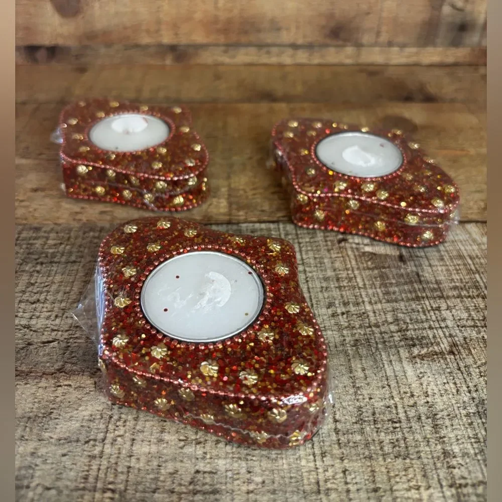 RARE! NEW PIER 1 RED GLITTER BEADS & SEQUINS VOTIVE TEA LIGHT 4